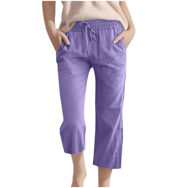Girls Capri Pants Elastic Waist Straight Leg Drawstring for Kids Summer Pants with Pockets Purple 5-6 Years