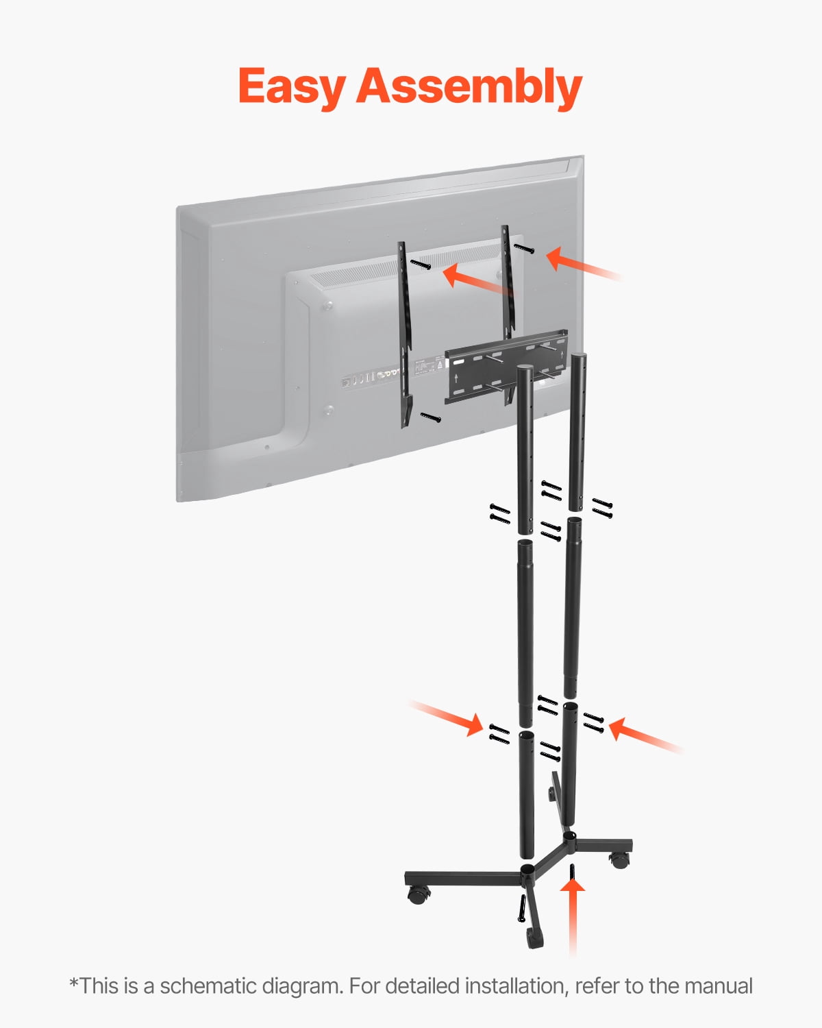 VEVOR Rolling TV Stand, Mobile TV Cart for 32-65 Inch Screens, Height Adjustable, Portable Monitor Stand with Wheels Holds up to 88 lbs for Living Room, Bedroom, Office, Outdoor, Max VESA 400x400mm