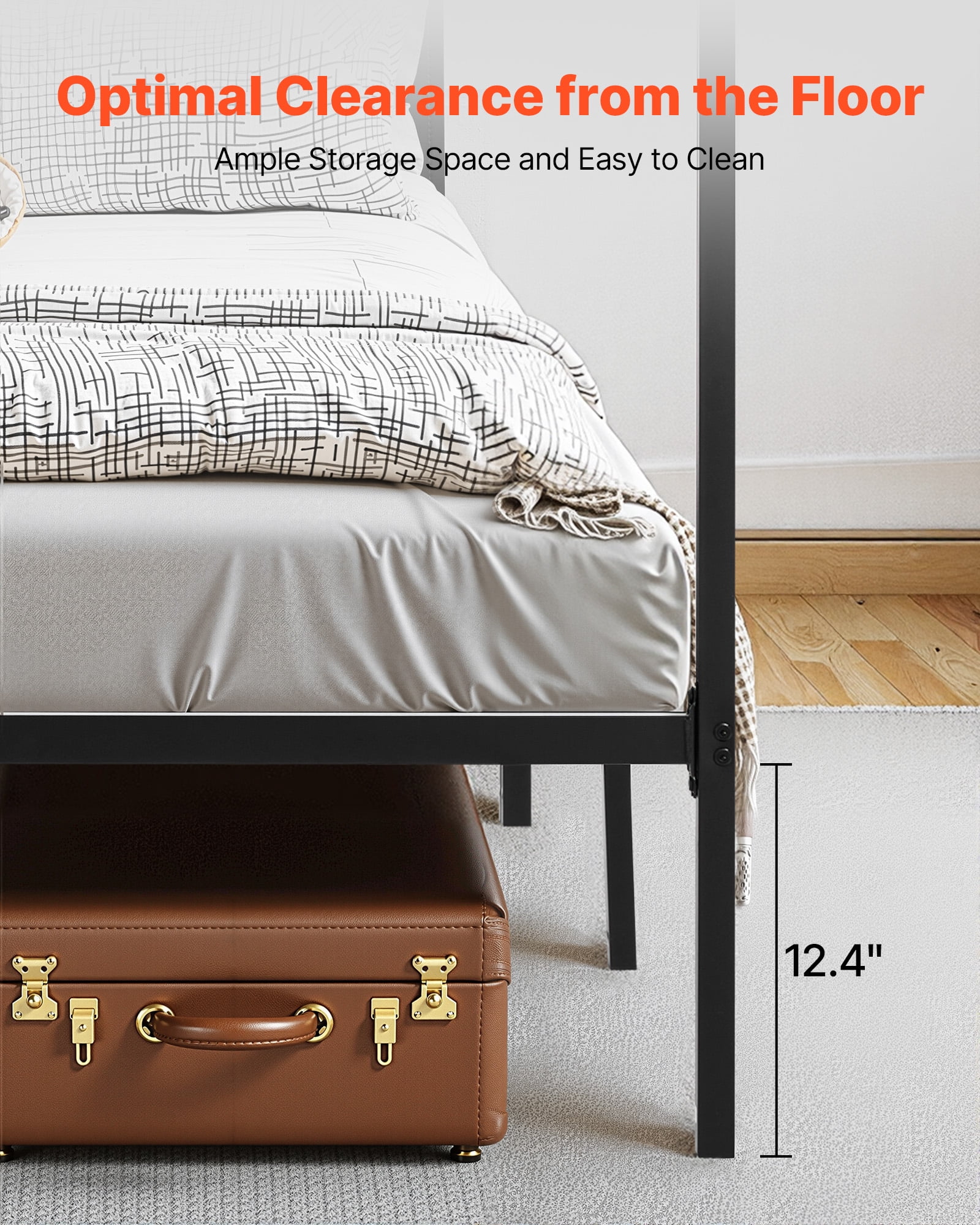 VEVOR Queen Size Canopy Bed Frame, Metal Canopy Bed with Four Posters Design, Heavy Duty Steel Slats Support, Underbed Storage Space, No Box Spring Needed, Easy Assembly, Black