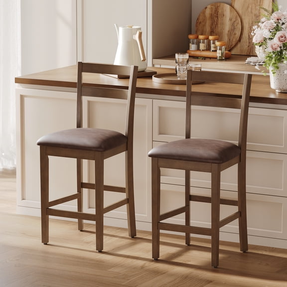 EOP Wood Bar Stools Set of 2, PU Leather Upholstered Bar Chairs with Slat Back, Count Height Barstools with Footrest for Kitchen Island, Dark Brown