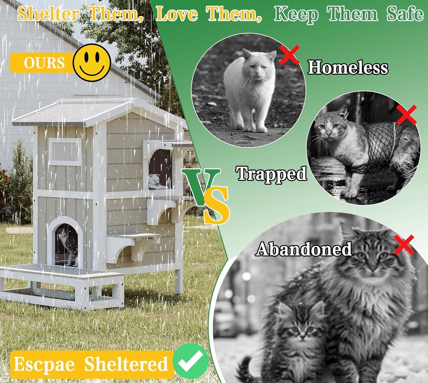 Petsblublu Outdoor Weatherproof Cat House Two Story Cats Shelter with Jumping Platforms