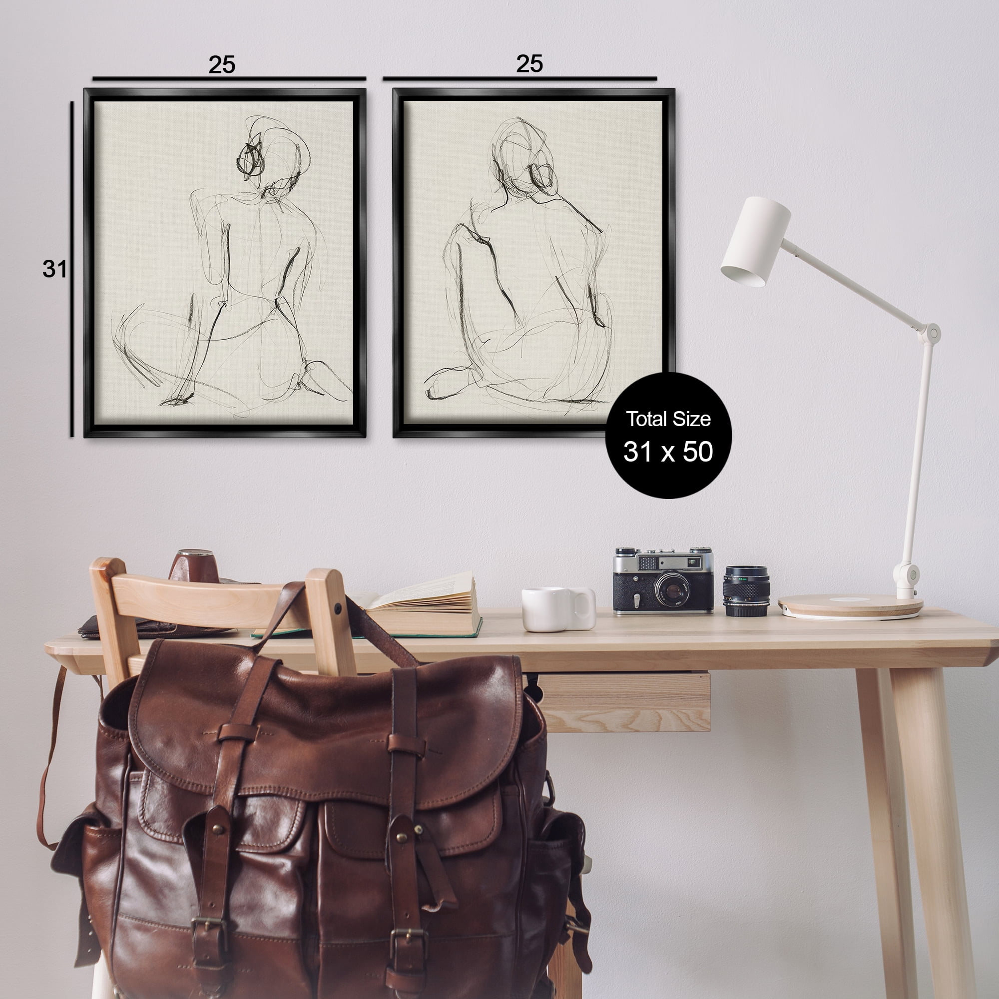 Stupell Industries Sitting Female Figure Drawing People Drawing Black Floater Framed Canvas Art Print Wall Art, 31 x 25, Set of 2