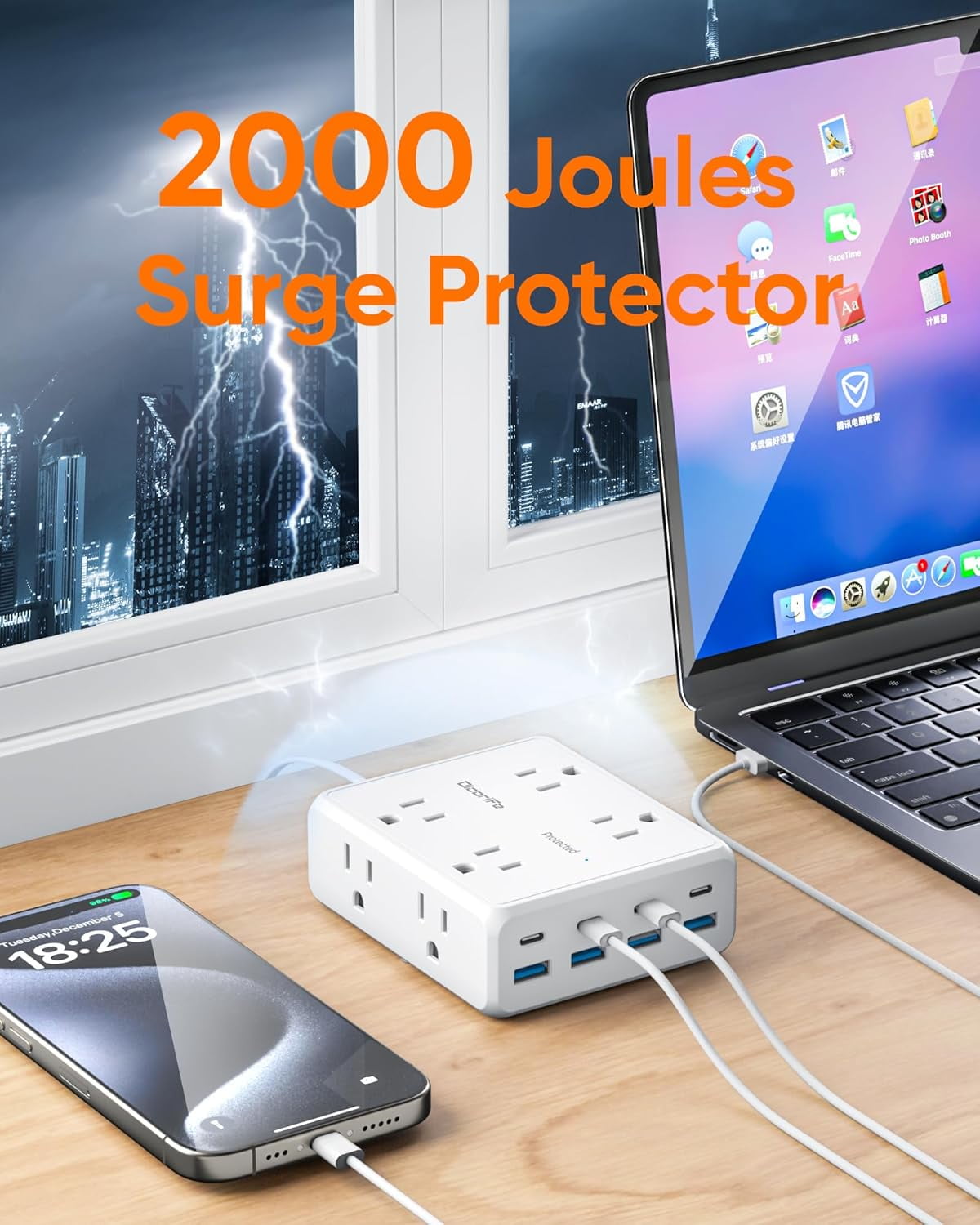 Power Strip 8 AC with 8  Ports, 10 FT Flat Plug Extension Cord, 2000 Joules Surge Protector, 30W  Station,  Office College Dorm Room Essentials