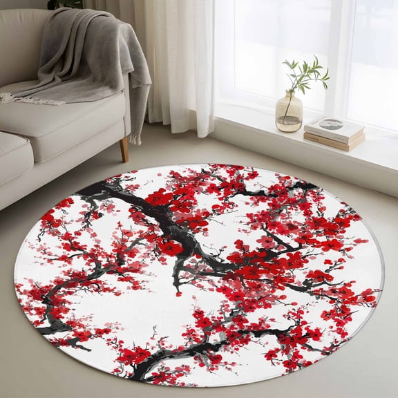 Round Rug 4Ft Washable Non-Slip, Red Plum Circle Area Rugs for Living Room Bedroom, Nature Flowers Branches Chinese Painting Indoor Floor Mats Carpet Runner for Home Decor Aesthetic