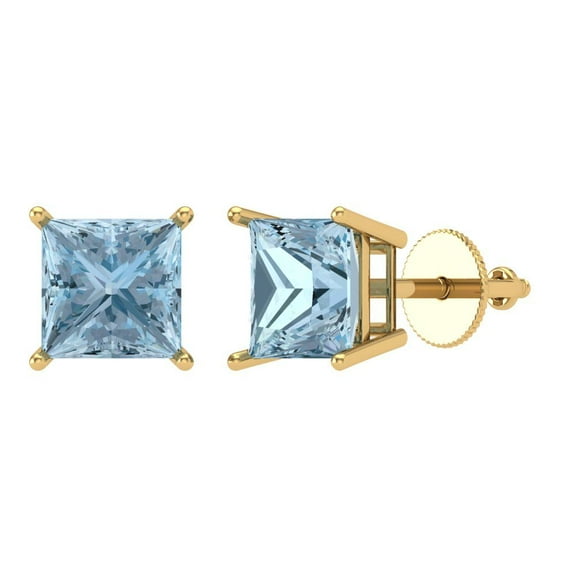 3 ct Screw-Back Stud Earrings for Women | 6.5mm Princess Cut Simulated Blue Diamond | 18K Yellow Gold