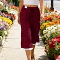 thumbnail image 2 of VBVC Women's High Waisted Cotton-Linen Capri Pants,Drawstring Lace Trim Casual Trousers,Lightweight Summer Wide Leg Pants with Pockets,Wine,S-2XL, 2 of 9