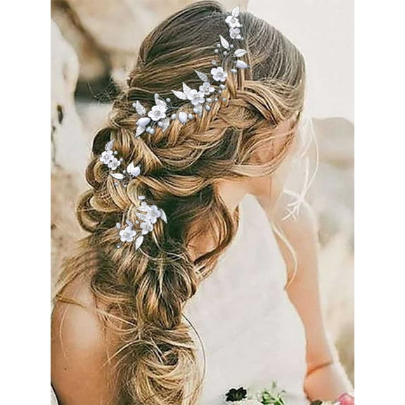 Silver Flower Bride Wedding Hair Vine Rhinestone Bridal Hair Piece Pearl Hair Accessories Leaf Headpieces Jewelry for Women and Girls (15.75 Inches)