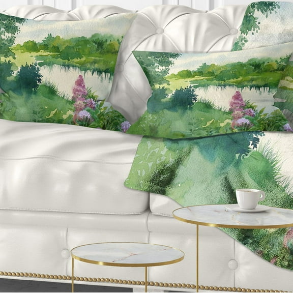 Designart Green Riverside Land Watercolor - Landscape Printed Throw Pillow - 12x20