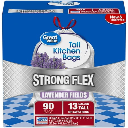 Great Value Strong Flex Tall Kitchen Drawstring Trash Bags, Lavender Fields, 13 Gallon, 90