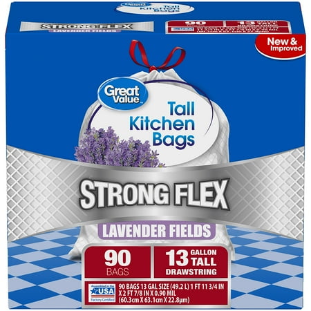 - Great Value Strong Flex Tall Kitchen Drawstring Trash Bags, Lavender Fields, 13 Gallon, 90 Count