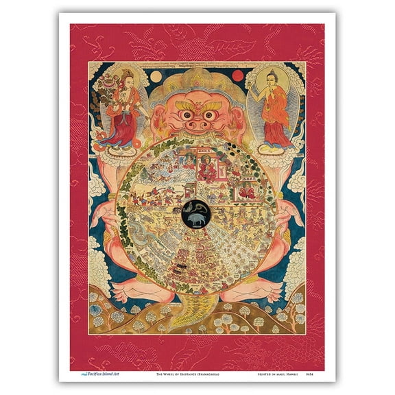 The Wheel of Existance (Bhavacakra) - Vintage Tibetan Thangka Buddhist Painting - Tibet, 19th Century - Master Art Print (Unframed) 9in x 12in