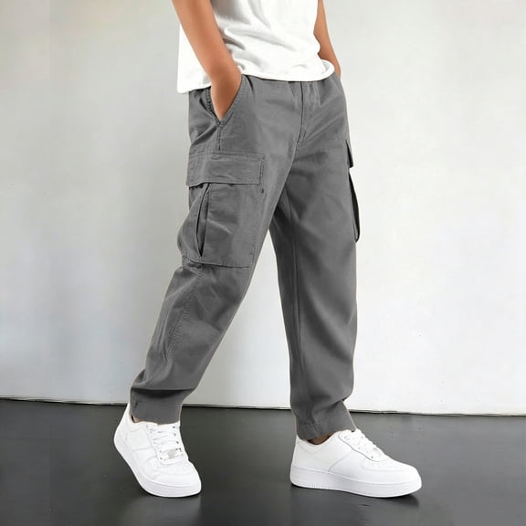 RUTAYY Boys Cargo Pants Utility Side Pockets Elastic Waist Solid Color Outdoor Activity Trousers, Grey