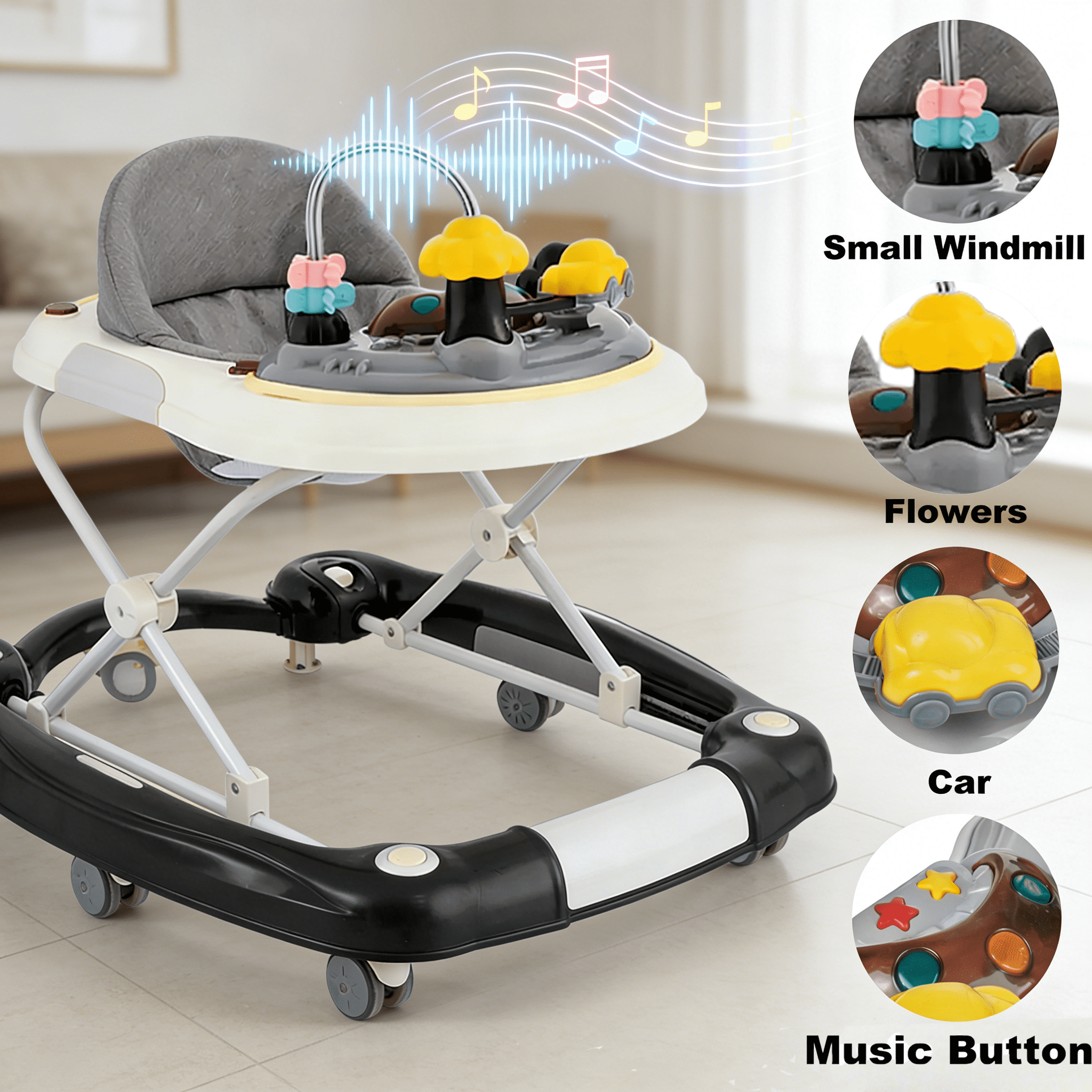 HDUTNGISN 5-in-1 Black Adjustable Baby Walker with Wheels for Boys & Girls