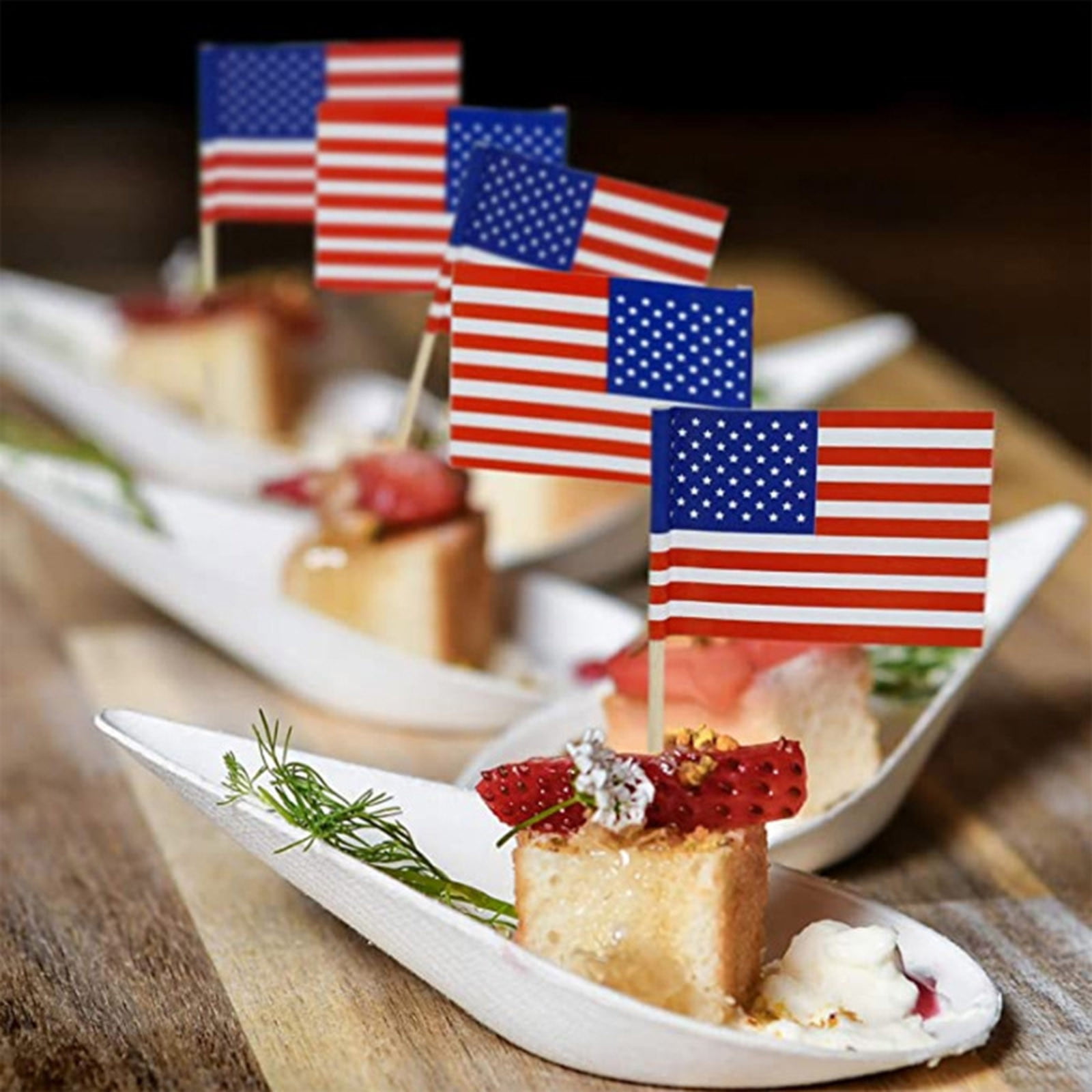 US Flag Food Picks - 4th of July Party Supplies American Flag Toothpicks for Sandwiches, Appetizers, Cupcake and Toppers Cocktail Skewers, Patriotic BBQ Decor Natural Birch Wood Snack Sticks