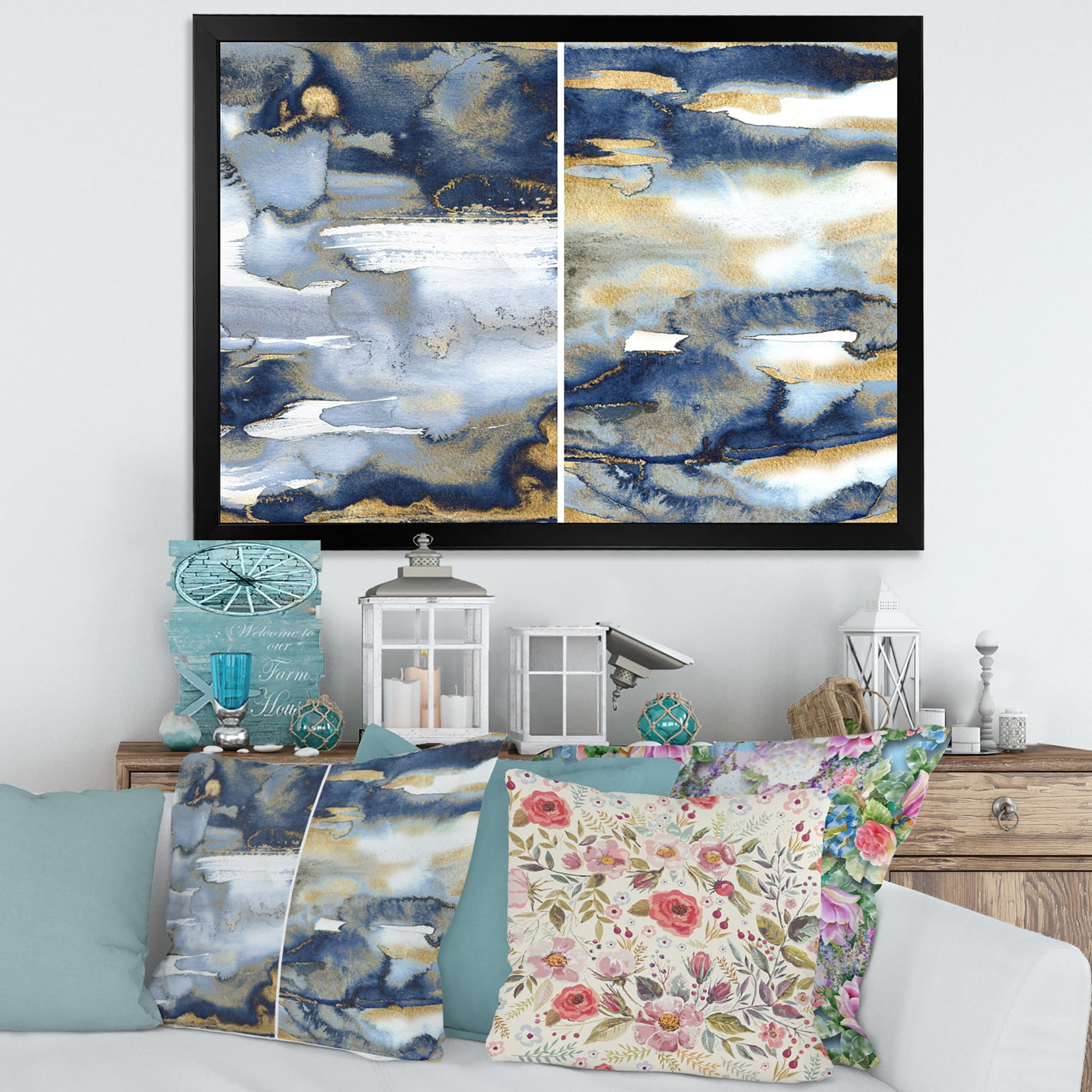 Designart 'Gold and Dark Blue Abstract II' Modern Framed Art Print