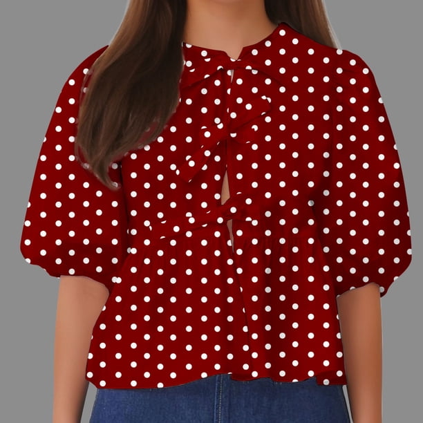 Fiudx Ofertas y Liquidaciones Top de Camiseta con Cuello Redondo y Manga Farol Plisada con Lazo para Mujer