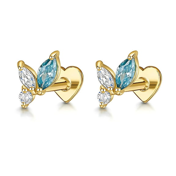 Blue Marquise CZ Flat Back Earrings for Cartilage Helix Tragus Lobe Gold Plated Sterling Silver 1 pair by Ginger Lyne