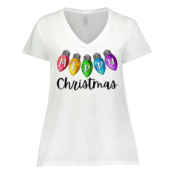 Inktastic Merry Christmas Rainbow Holiday Lights Women's Plus Size V-Neck T-Shirt