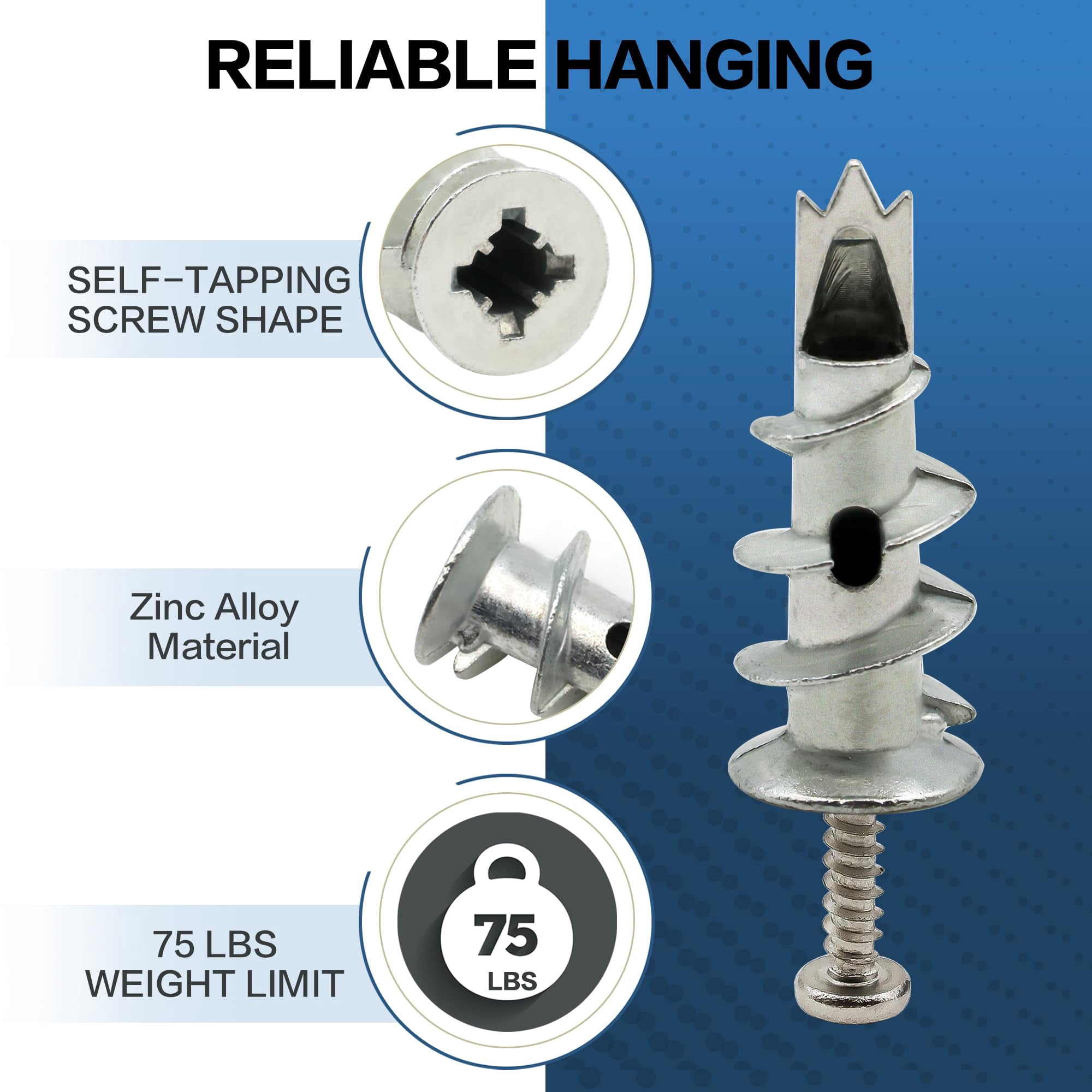 Zinc Heavy Duty Self-Drilling Drywall Anchor Kit - 50 Metal Anchors with 50 #8 x 1-1/4" Screws, Total 100 Pieces