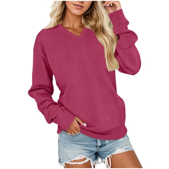 Sevevn Women's V Neck Long Sleeve Sweatshirt Loose Oversized Puff Cuff Casual Pullover Top Hot Pink L