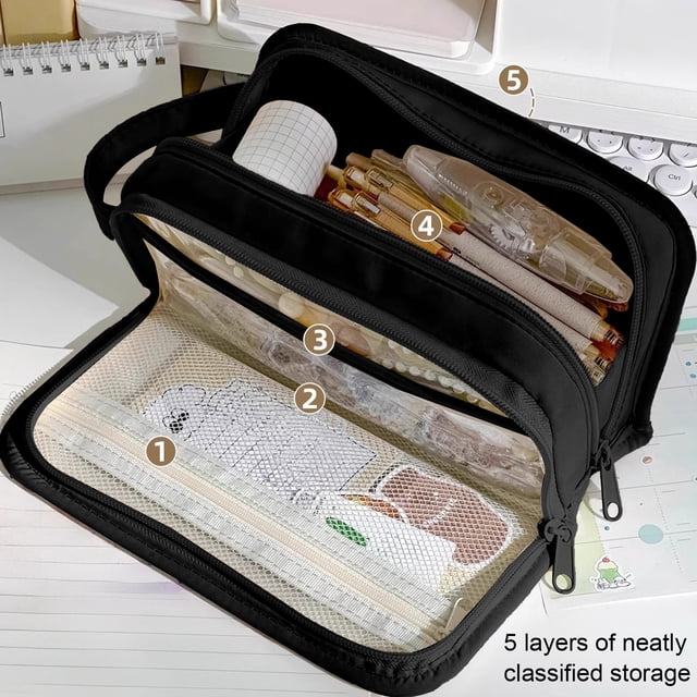 Estuche para lápices de gran capacidad para estudiantes | Bolsa con cremallera de 3 niveles para bolígrafos y artículos de papelería