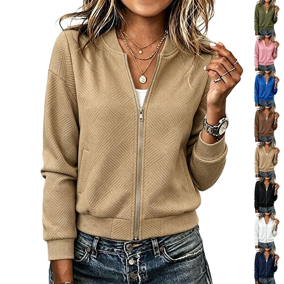 Vynhevius Women Bomber Jacket Solid Stand Collar Zip Up Textured Long Sleeve Pockets Casual Outerwear