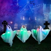 Wadada Halloween Outdoor Decorations, 3 Pack Lighted White Ghost Stakes, Light Up Multicolored Lights Cloth Ghost Yard Stakes for Halloween Decor, Lawn, Yard, Patio, Haunted House Decorations