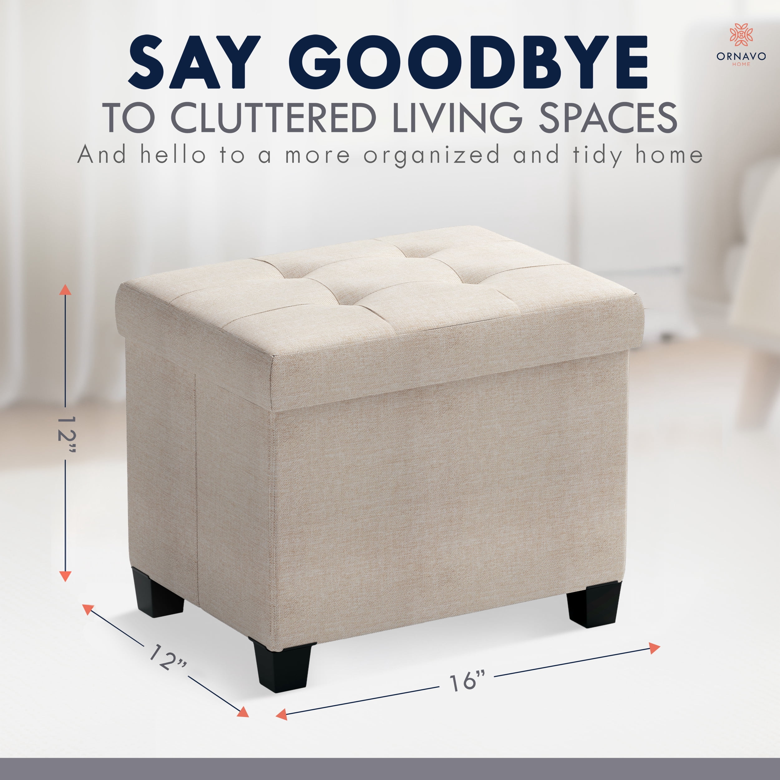 Ornavo Home Storage Ottoman Small Rectangle Ottoman with Legs, Foot Rest Stool Seat, Load up to 600 LB, for Living Room, Bedroom, Home Office, Dorm - 12 x 16 x 12, Beige