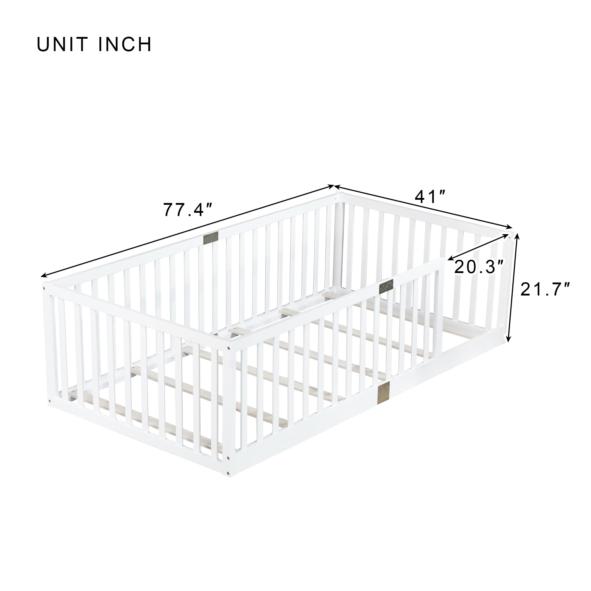 Miniyam Twin Size Floor Bed with High Safety Fence for Kids, White