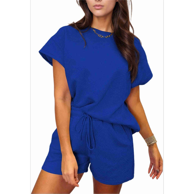 Women's 2 Piece Solid Color Round Neck Casual Textured Fabric Short Sleeve Pajamas Sweatsuit Set Blue L