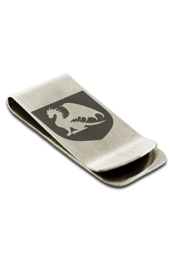 Stainless Steel Dragon Guardian Coat of Arms Shield Engraved Money Clip Credit Card Holder