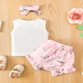 thumbnail image 2 of Baby Girls Tops and Shorts Set Fashion Solid Color Button Vest and Flower Short Pants with Headband, 2 of 6