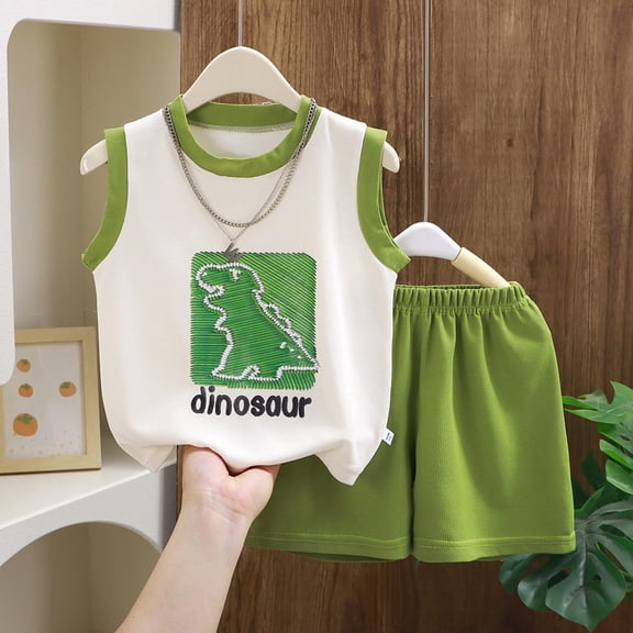 Cethrio Boys' Summer Shorts Sets, Graphic 2 Piece Sleeveless Breathable Outfit Sets Green Size 10