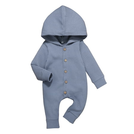 

Baby Hooded Jumpsuit Simple Solid Color Single Breasted Decoration Rolled Cuffs Sweet Style Spring Autumn Clothing
