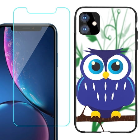 For Apple iPhone 11 Phone Case Slim-Fit TPU Protective Case (Black) with Tempered Glass Screen Protector by OneToughShield ® - Blue Owl