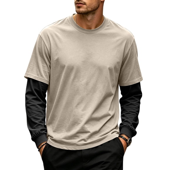 IAJDKMEK Men's Long Sleeve Mock Two-Piece Crewneck – Patchwork Style, Casual T-Shirts for Men, Trendy Layered Look, Comfortable Top,Beige L