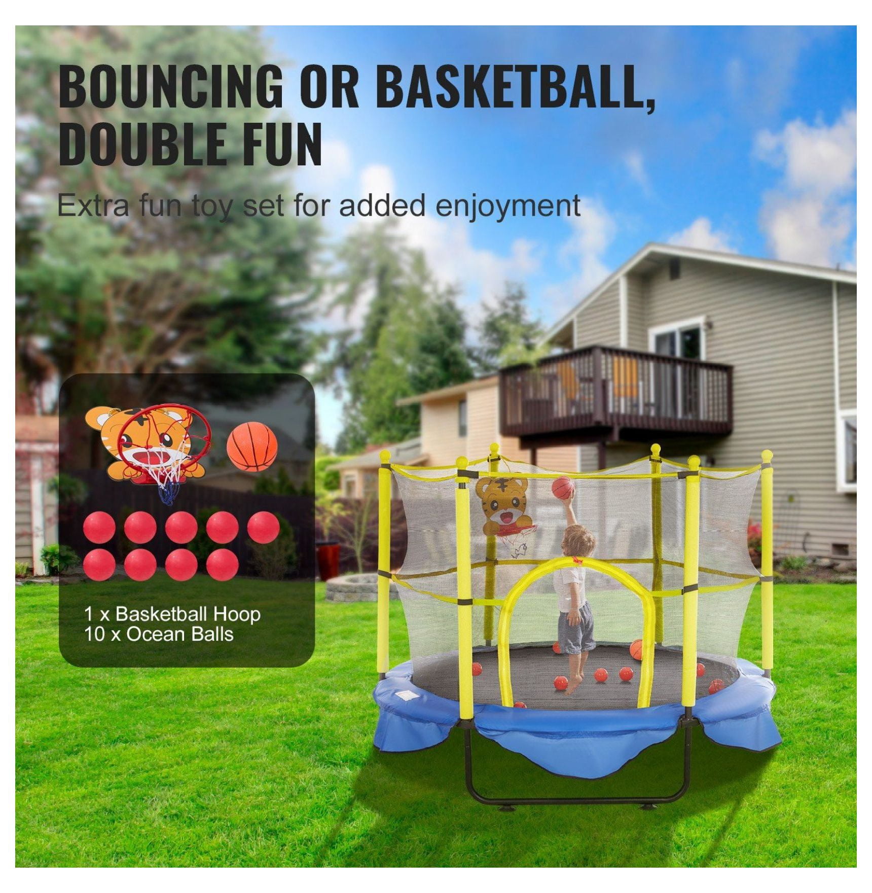 5FT Trampoline for Kids, 60" Indoor Outdoor Trampoline with Enclosure & Basketball Hoop, Mini Toddler Trampoline for 3+ Years Old, Birthday Gifts