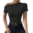 thumbnail image 3 of off the Shoulder Tops for Women Going Out Summer Top Short Sleeve T Shirts Asymmetrical Blouses Black S, 3 of 7