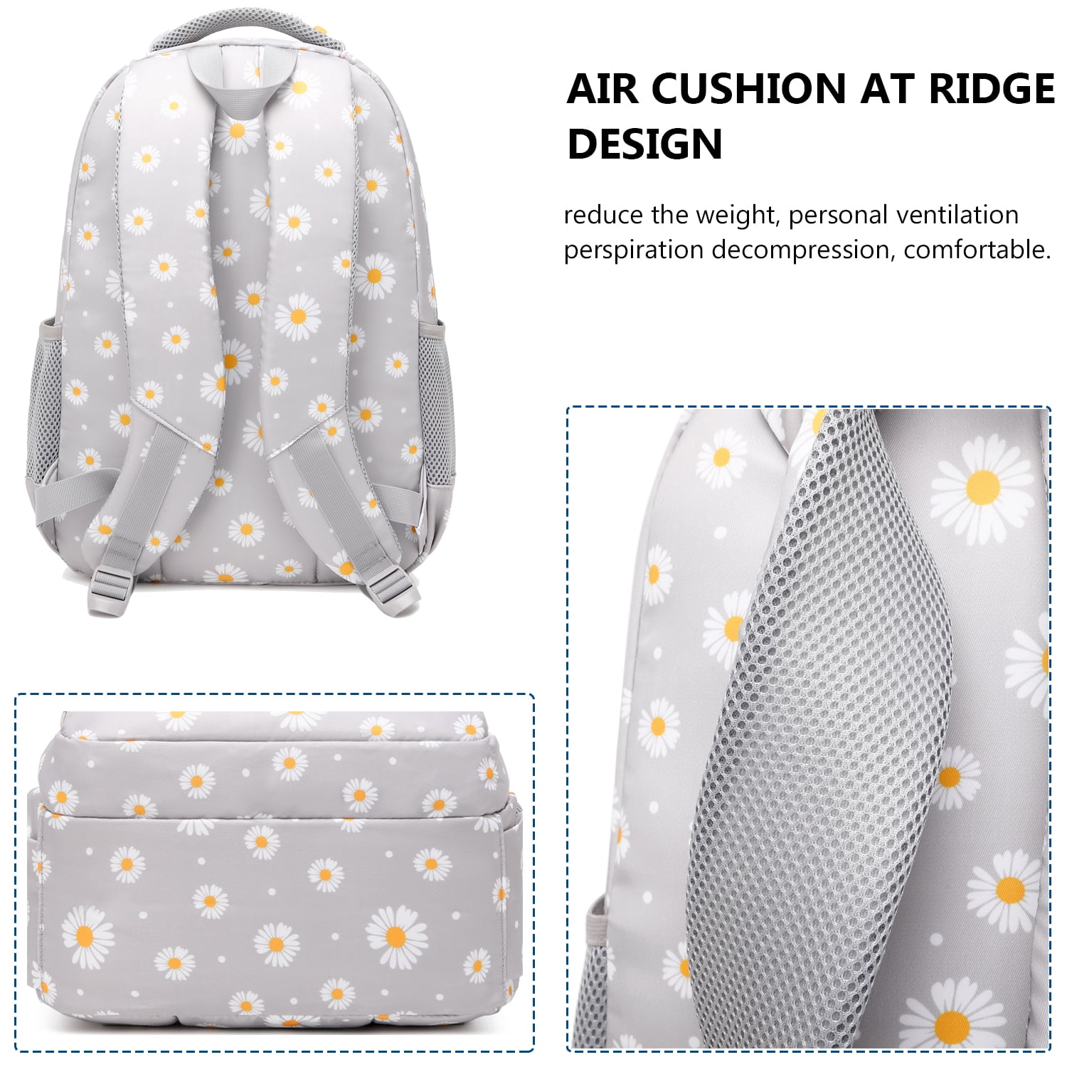 Forestfish 3-Piece Backpack Set for School,Large Capacity Teen Backpack with Insulated Lunch Bag & Pencil Case,Waterproof with Laptop Compartment & Side Pocket(Daisy A/Gray)