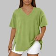 thumbnail image 6 of Htigea Plus Size Short Sleeve Tops for Women Casual Loose Fit T-Shirt Summer V-Neck Pullover Tee Army Green L, 6 of 7