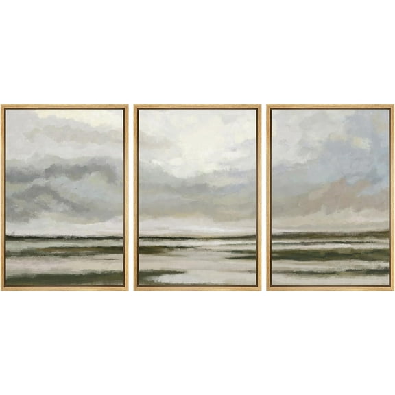 PixonSign Framed Canvas Print Wall Art Set Cloudy Sky Coastal Horizon Nature Wilderness Fine Art Illustrations Decorative Multicolor Landscape Rustic Country/Farmhouse - 16"x24"x3 Natural