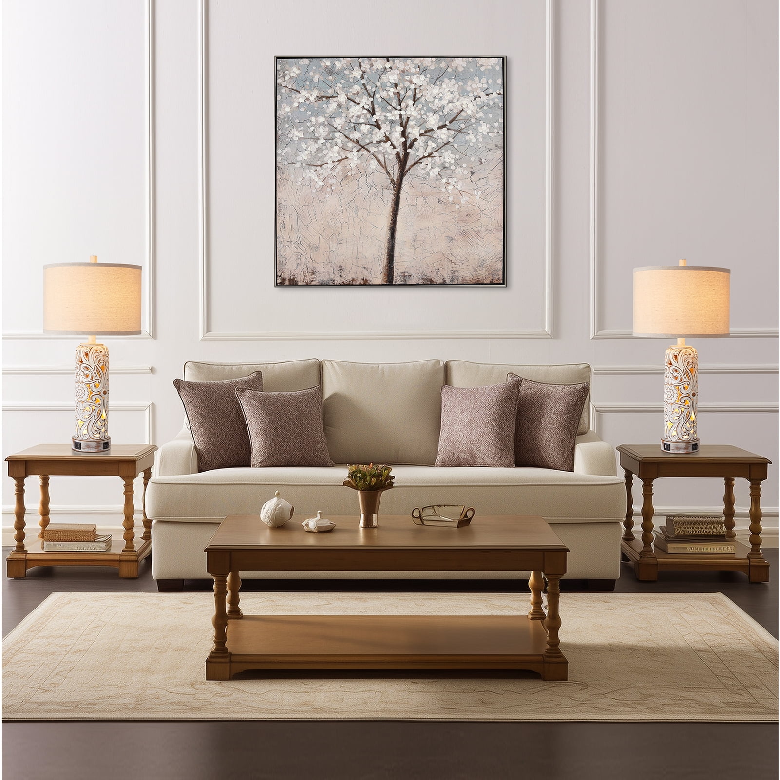 RORIA 25" Country Style Table Lamps Set of 2，for Living Room Bedroom Nightstand, Hollow Resin Farmhouse Vintage Bedside Lamp with 2 USB Ports with Night Light, LED Bulb Included