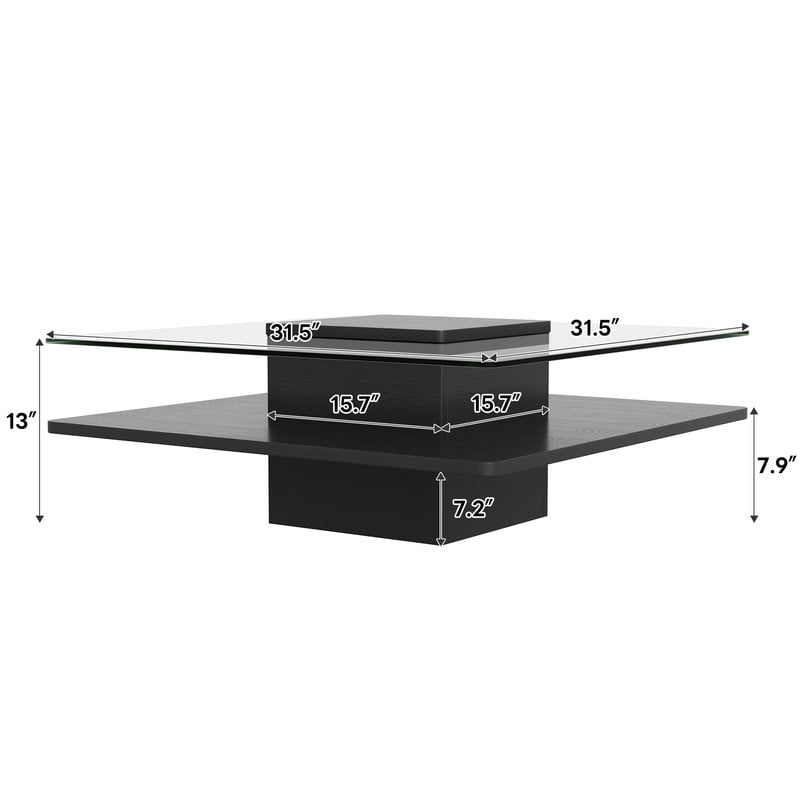 31.5''W Square Cocktail Coffee Table with Clear Tempered Glass Top, 2-Tier Accent Center Table with Open Storage Shelf