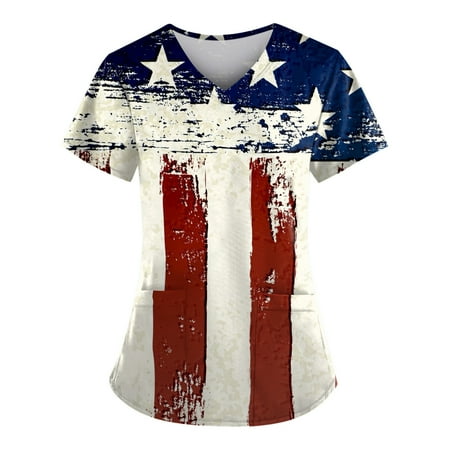 

Sksloeg Scrubs Tops Women Stretchy Workwear V Neck Short Sleeve 4th Of July American Flag Print Nursing Uniform Pattern Scrubs Shirts with Pockets Blue XXXXXL
