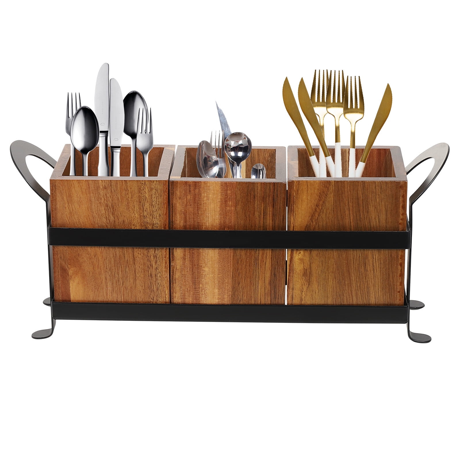 ToppiJoy Wooden Cutlery Organizer Utensil Crock Flatware Holder Countertop Silverware Holder for Flatware, Cutlery, Kitchen Black
