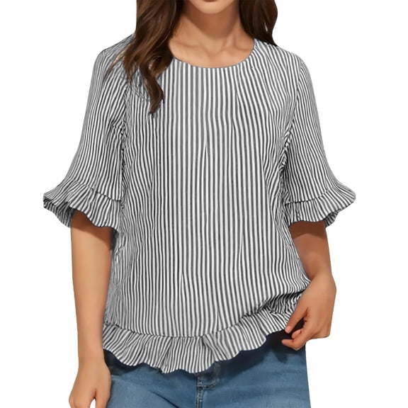 Womens Tops Striped Puff Sleeve Stand Collar Loose Blouse Spring Summer Shirts for Women Black L