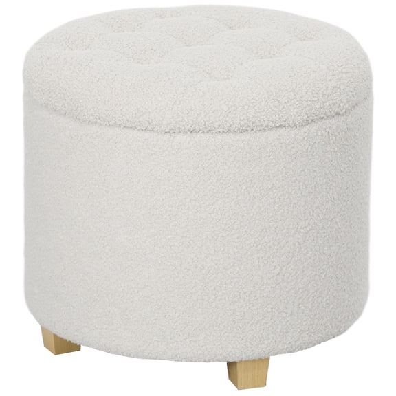 SKTPI Round Storage Ottoman, Teddy Fleece Bedroom Stool with Removable Lid and Wood Legs, Button Tufted Footstool for Living Room, Hallway, White