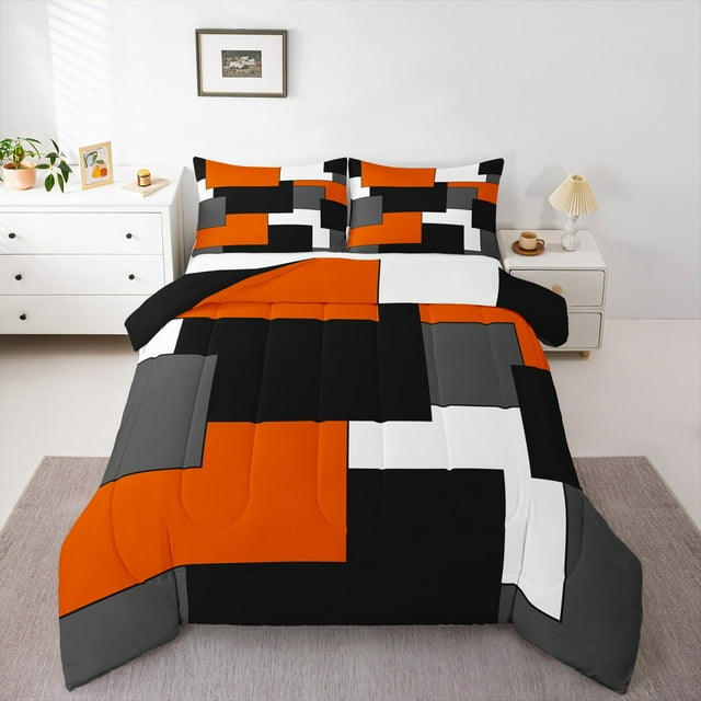 Erosebridal Rectangle Geometry Bedding Full Comforter Set, Abstract Checkered Bedding Sets Full with Comforter, Chic Minimalst Reversible Down Comforter, Super Cozy Bedroom Decorative, 3pcs