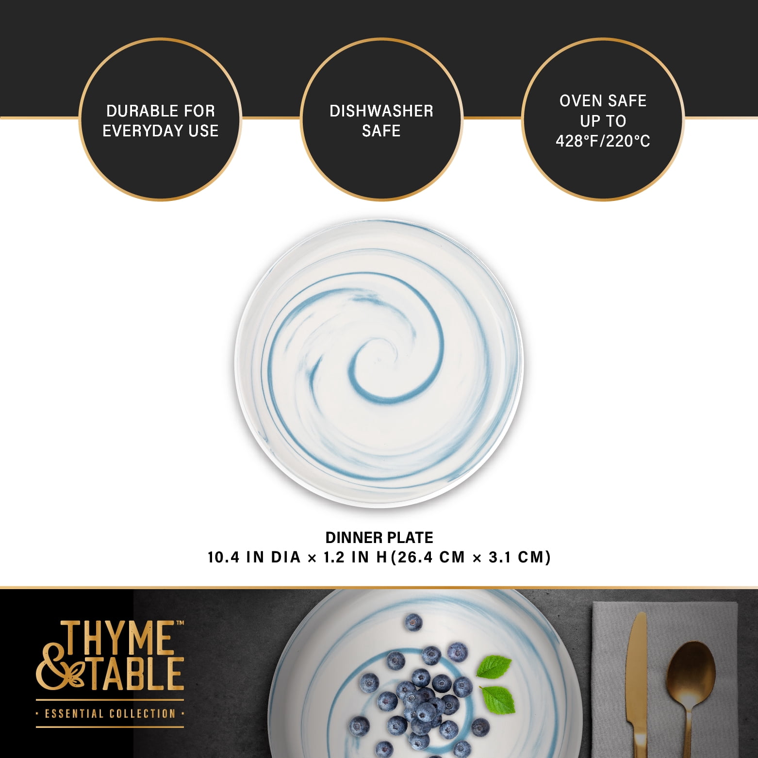Thyme & Table Blue Marble Stoneware Round Dinner Plate