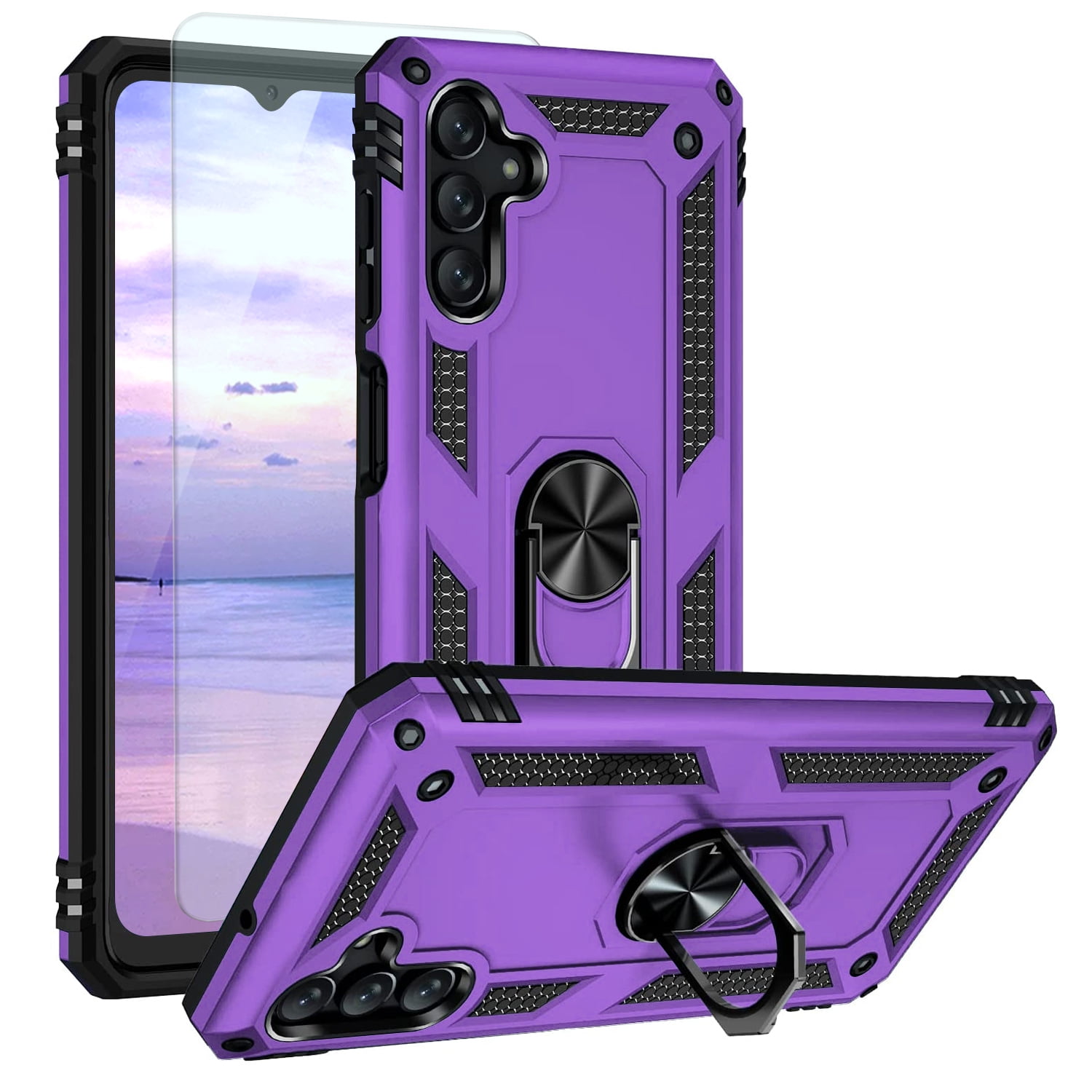 TJS Phone Case for Samsung Galaxy A13 5G, Galaxy A04s with [Tempered Glass Screen Protector] Impact Resistant Metal Ring Magnetic Support Kickstand Drop Protector Phone Cover (Purple)